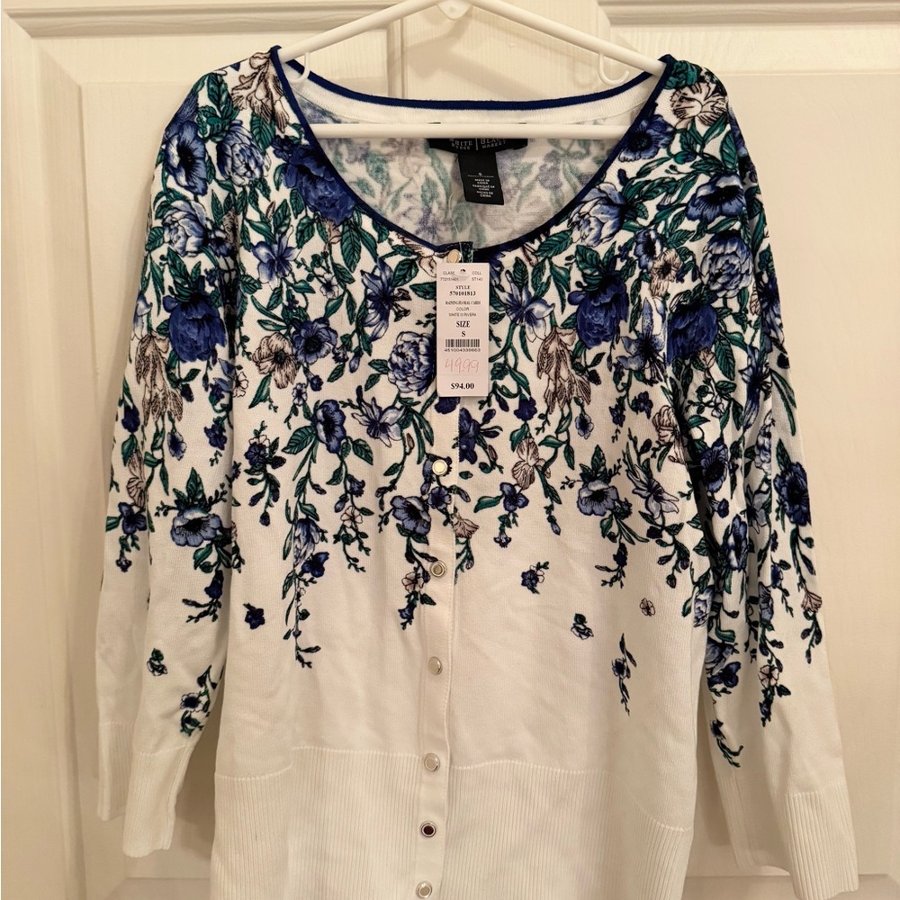 White House Black Market Button up Blue Floral Sweater
